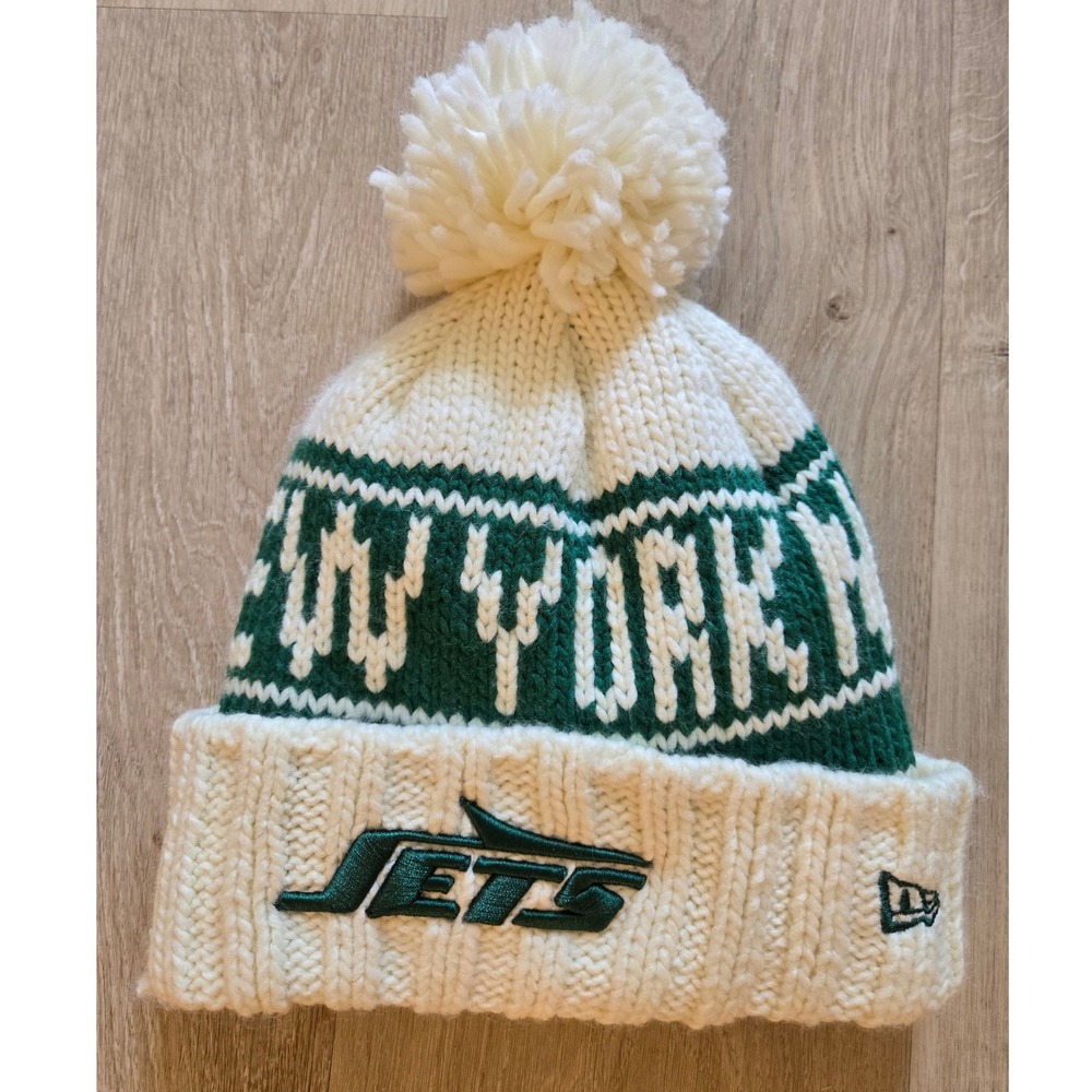 New Era New York Jets NFL Women Knit Beanie Pom Pom Hat Cream Green Fleece Lined